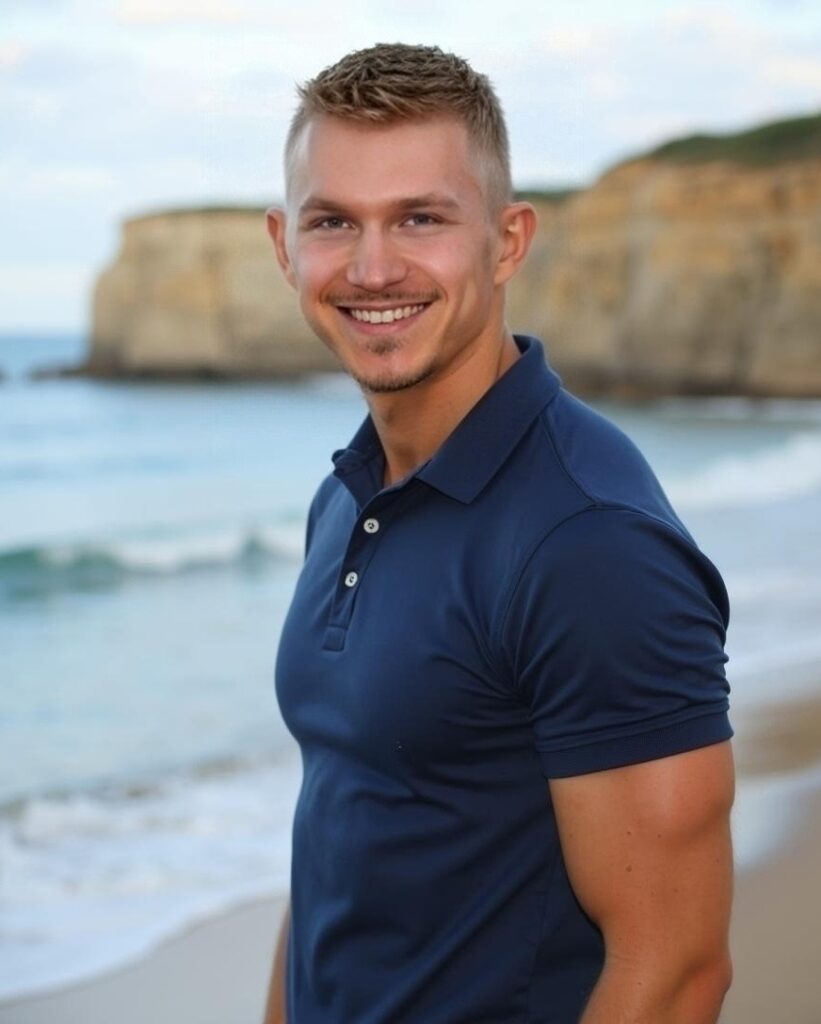 Discreet gay male escort in Glasgow athletic professional companion smiling outdoors